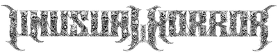 Unusual Horror logo in black and white death metal-style lettering made of skulls, ribcages and eyeballs, with horned ends